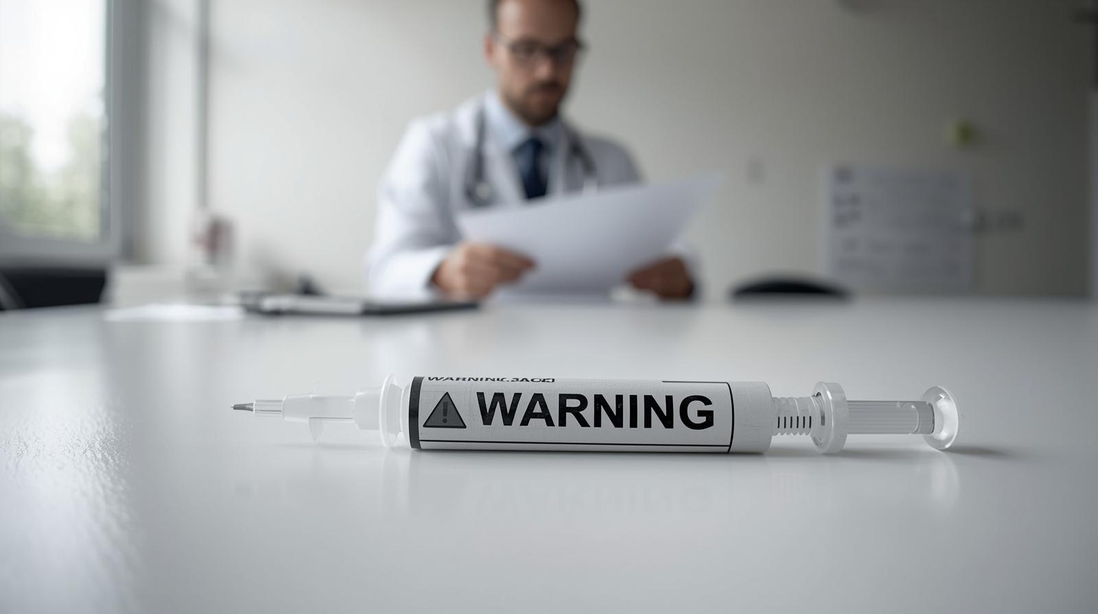 Prescription syringe beside a warning label in a clinical medical office, representing GLP-1 drug risks and Ozempic safety concerns.