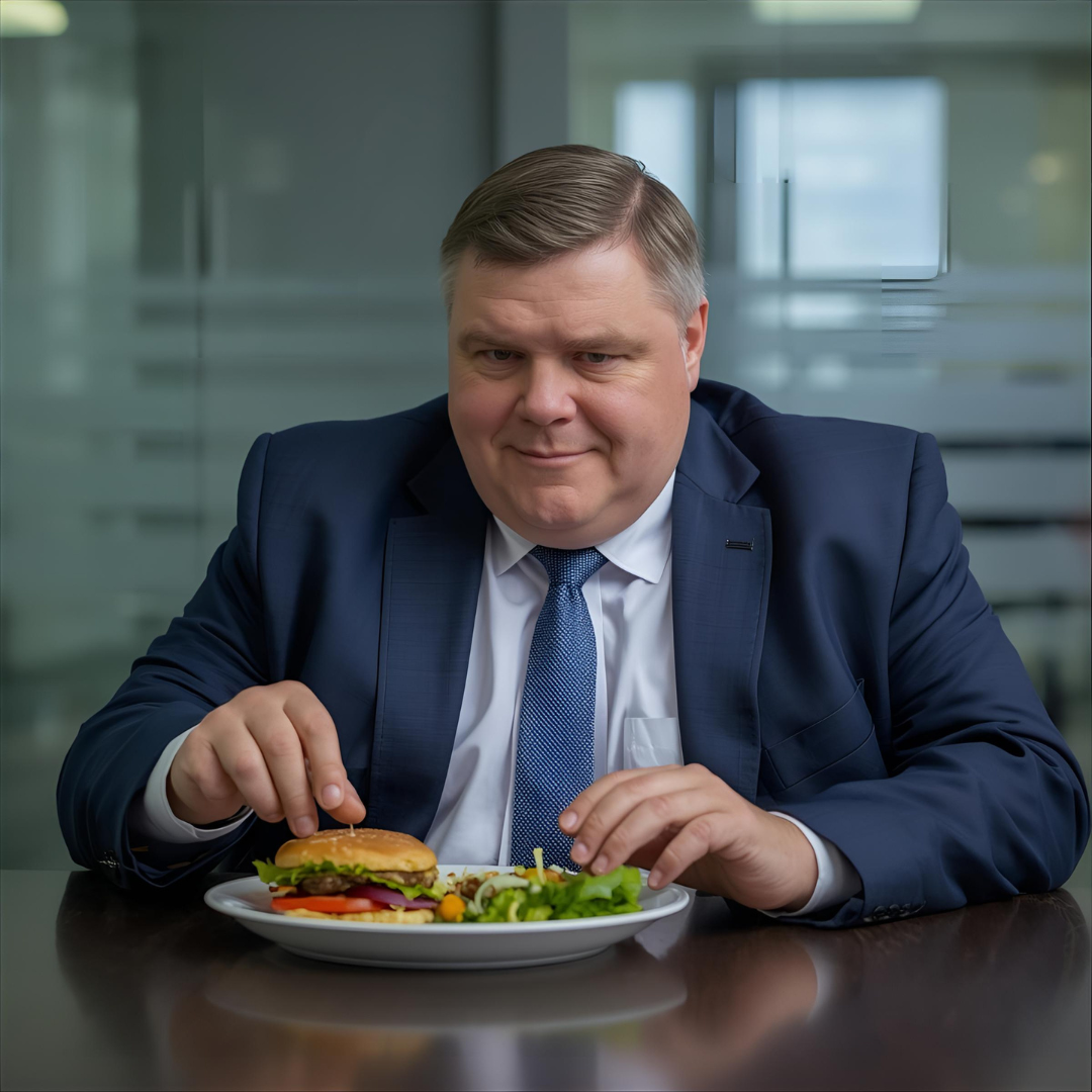 Overweight businessman in a suit sitting at a desk pushing fries away while deciding what to eat, representing smart choices over dieting.