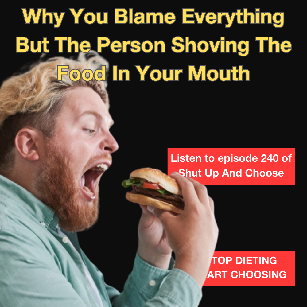 Man eating a burger representing blaming outside factors for overeating featured in Why You Blame Everything But The Person Shoving The Food In Your Mouth podcast episode by Jonathan Ressler
