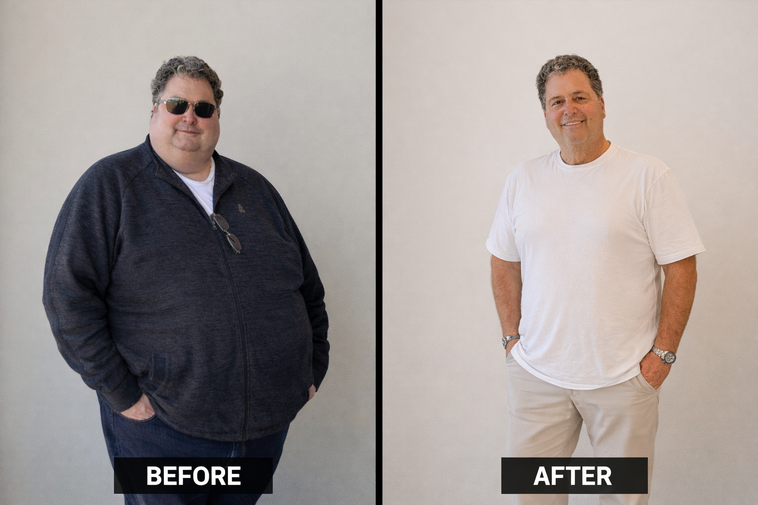 Jonathan Ressler before and after losing 140 pounds without dieting