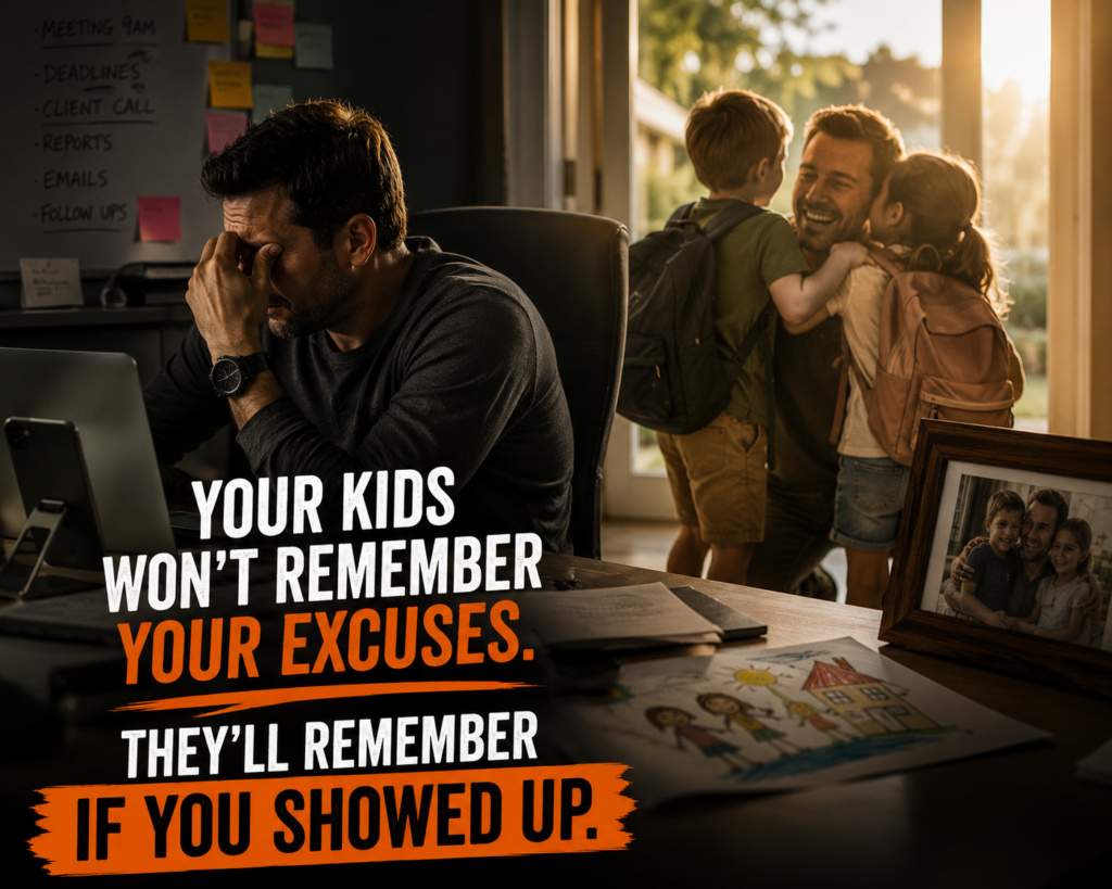 Split-screen image: stressed man alone at desk with work tasks contrasts with same man joyfully hugging two children by a sunlit window, illustrating the choice between work and parental presence.
