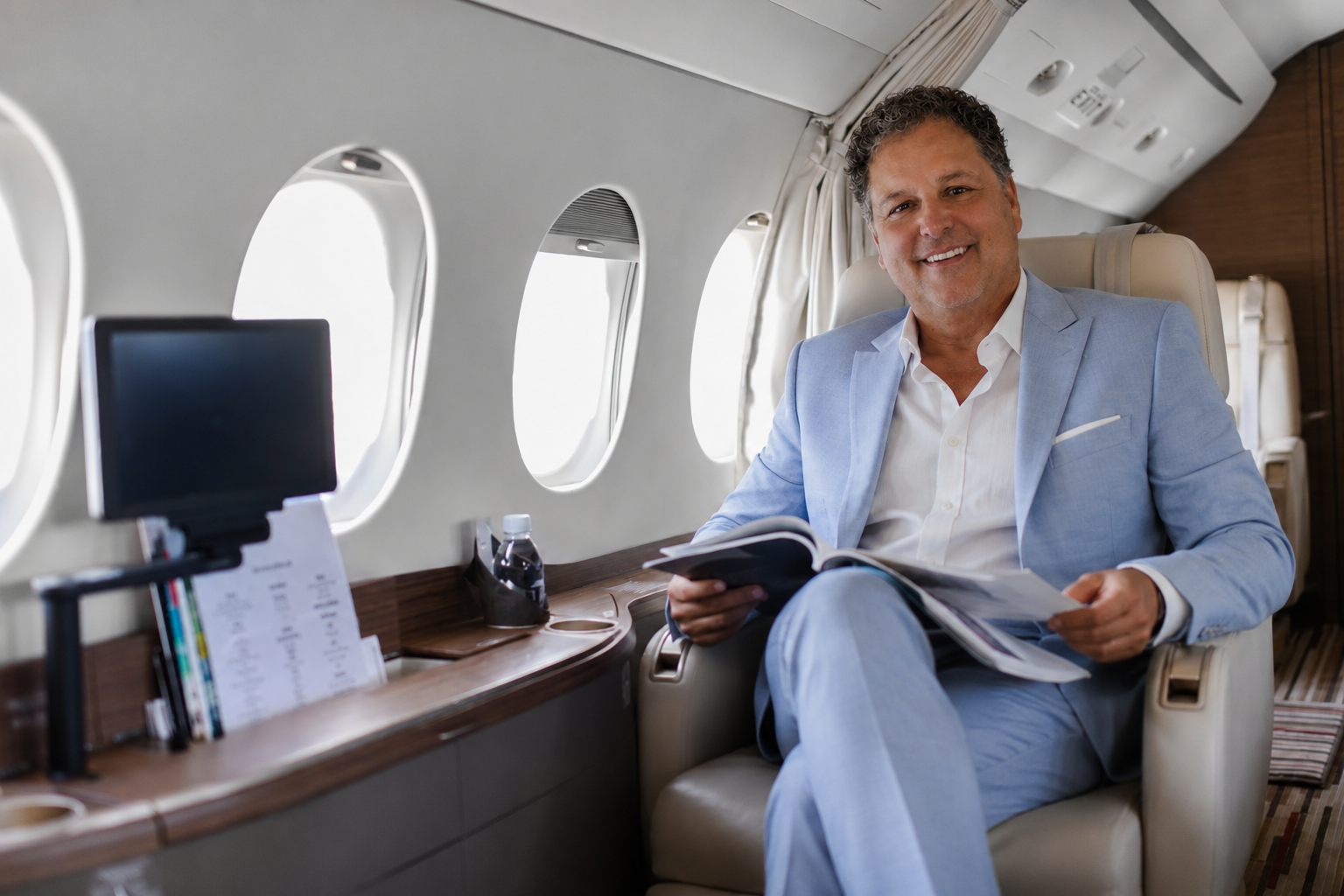 Jonathan Ressler on a private jet, representing financial results from consistent choice
