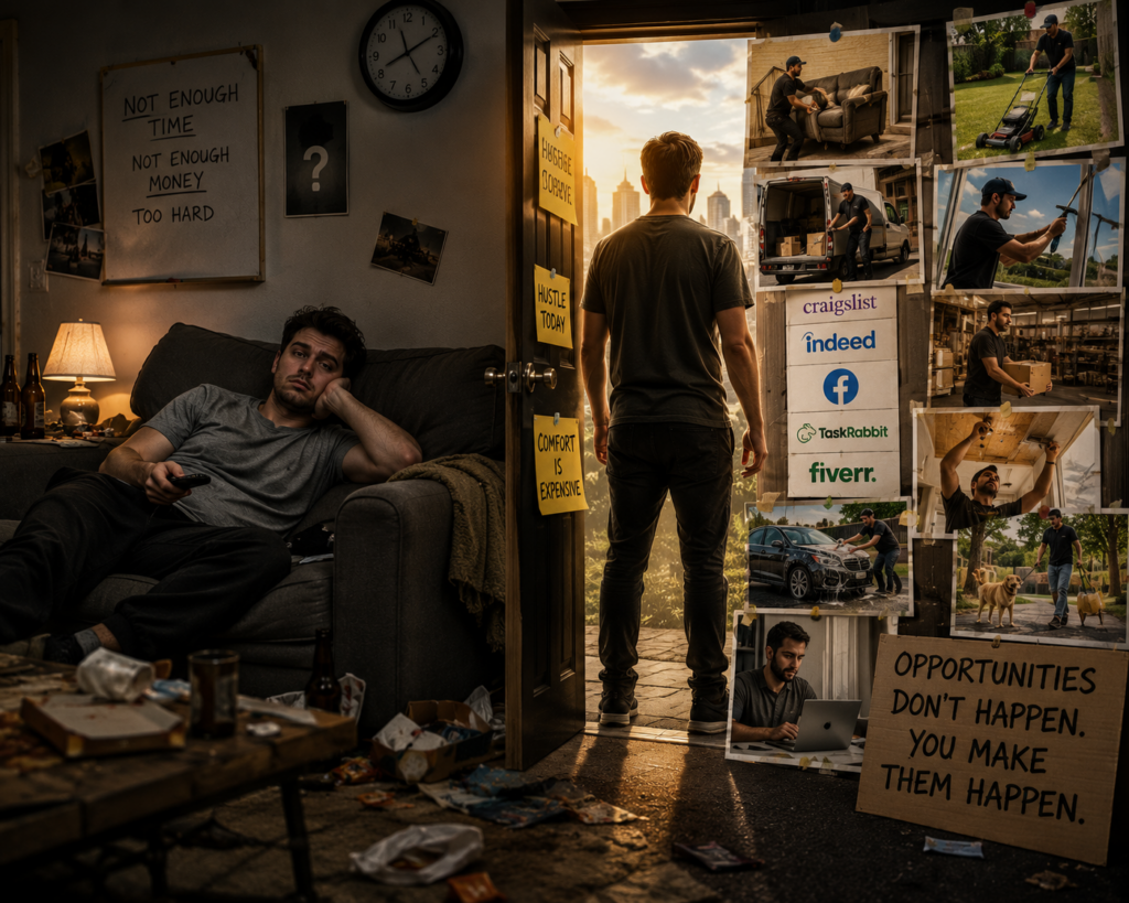 Man relaxing on couch surrounded by excuses contrasts with collage of people actively working various gigs and job platforms, illustrating the choice between comfort and action.