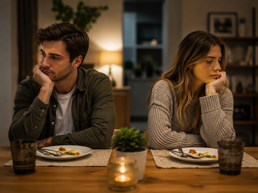 Alt Text: "Couple sitting at dinner table in silence, both looking away with thoughtful, disconnected expressions, illustrating relationship distance and disconnection.