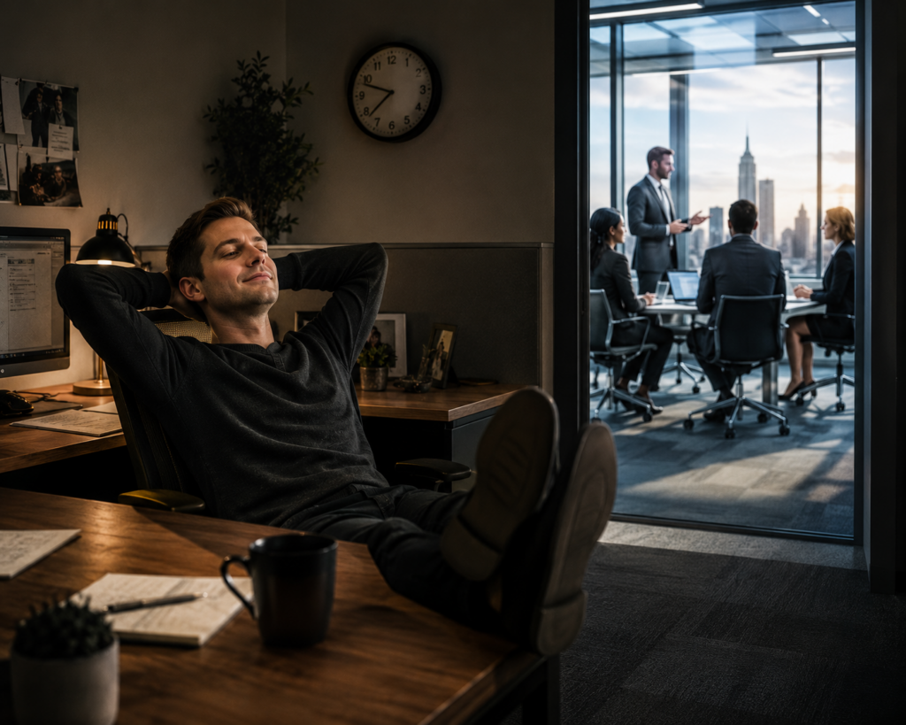 Alt Text: "Man leaning back comfortably at desk while colleagues hold high-level meeting visible through glass window, illustrating the choice between comfort and advancement.