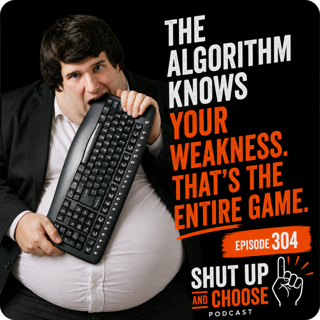 Fat man being manipulated by AI content